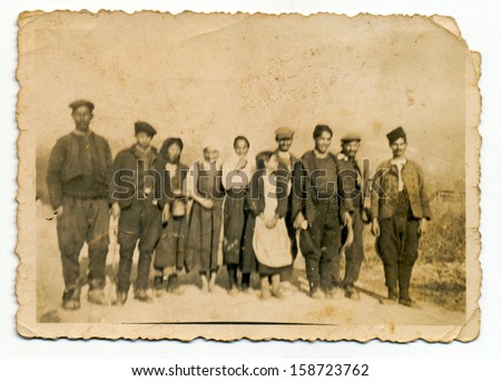 CENTRAL BULGARIA, BULGARIA - CIRCA 1935: the area Plovdiv - Group of villagers on the photo - Note: quite blurriness, better at smaller sizes - circa 1935