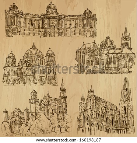 Places And Architecture Around The World (Set No.9)-Collection Of Hand Drawn Illustrations (Originals, No Tracing). Each Drawing Comprises Of Two Layers Of Outlines,The Colored Background Is Isolated.