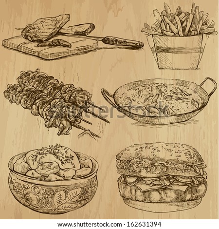 Food And Drinks Around The World (Set No. 5) - Collection Of An Hand Drawn Illustrations. Description: Each Drawing Comprise Of Two Layer Of Outlines, Colored Background Is Isolated.