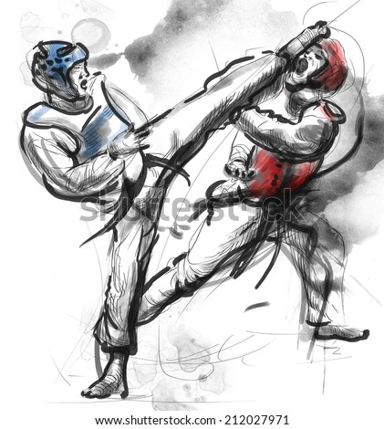 An full sized hand drawn illustration (original drawing on white) from series Martial Arts: TAEKWON DO (is a Korean martial art. It combines combat and self-defense techniques with sport and exercise)