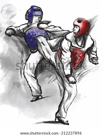 An hand drawn converted vector (in calligraphic and grunge) style from series Martial Arts: TAEKWON-DO (is a Korean martial art. It combines combat and self-defense techniques with sport and exercise)