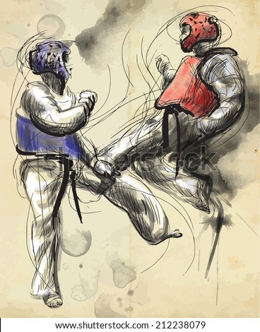 An hand drawn converted vector (in calligraphic and grunge) style from series Martial Arts: TAEKWON-DO (is a Korean martial art. It combines combat and self-defense techniques with sport and exercise)