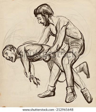 An hand drawn, full sized, illustration (original) from series Martial Arts: GRECO-ROMAN WRESTLING (is a style of wrestling that is practiced worldwide).