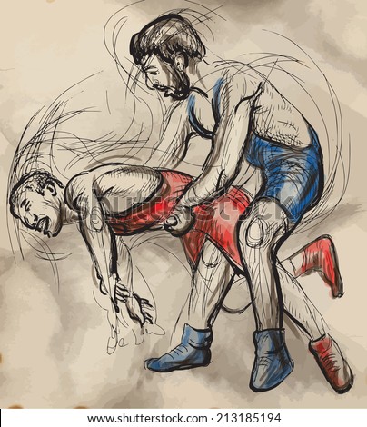 An hand drawn vector illustration (converted) from series Martial Arts: GRECO-ROMAN WRESTLING (Greco-Roman Wrestling is a style of wrestling that is practiced worldwide).