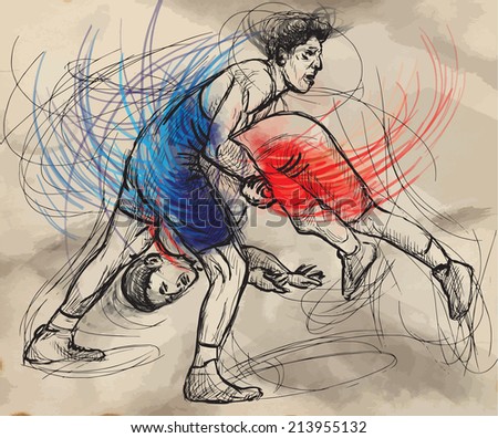 An hand drawn vector illustration (converted) from series Martial Arts: GRECO-ROMAN WRESTLING (Greco-Roman Wrestling is a style of wrestling that is practiced worldwide).
