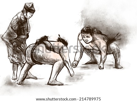 An hand drawn,full sized illustration (original) from series Martial Arts: SUMO. Is a competitive full-contact wrestling sport originated in Japan,the only country where it is practiced professionally