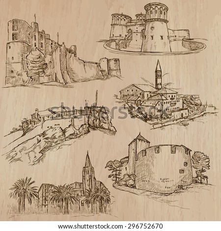 Places and ARCHITECTURE (set no.43). Pack of an hand drawn vector illustrations. Each drawing comprise three layers of lines, colored background is isolated. Editable. Focus on: Medieval architecture