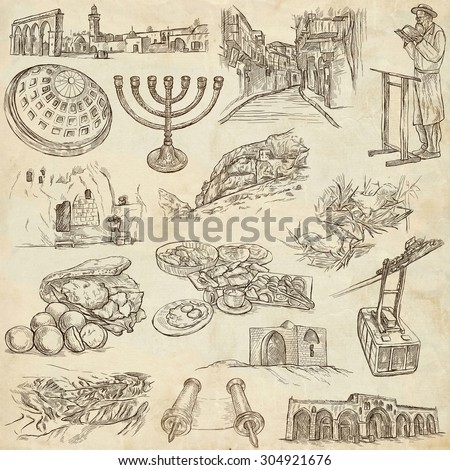 Travel, ISRAEL - Collection of an hand drawn illustrations. Description: Full sized hand drawn illustrations (freehand sketches). Drawing on old paper.