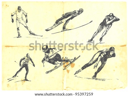 Hand drawn a large collection of winter sports - skiing and speed skating. Detailed and precise work.