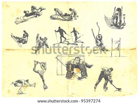Hand drawn a large collection of winter sports - skiing, ice hockey, figure skating, etc. Detailed and precise work.