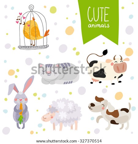 Vector illustration of animal: bird, cat, rabbit, cow, dog, sheep