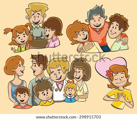 Funny illustrations of groups of people. Family. A group of two families. Friends. A girl in love.