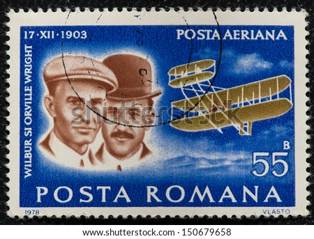ROMANIA - CIRCA 1978: Mail stamp printed in Romania showing the Wright Brothers, aviators Orville and Wilbur Wright, who first powered aircraft flight, circa 1978