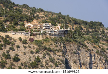 Coast of Aegean island Thassos, Greece with Archangel Michael\'s Monastery