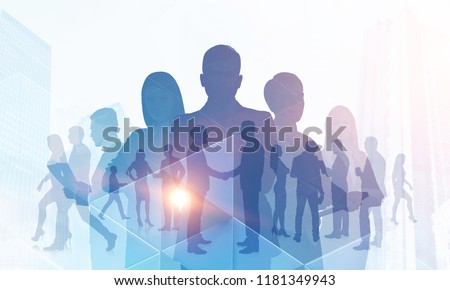 Silhouettes of diverse business team members standing together and shaking hands. Cityscape, communication and teamwork concept. Triangle tiles foreground Toned image double exposure copy space