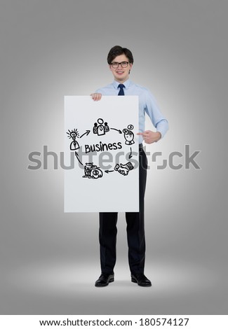 Businessman holding a business plan poster