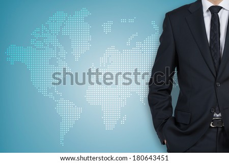 Businessman and world background wall (light blue)