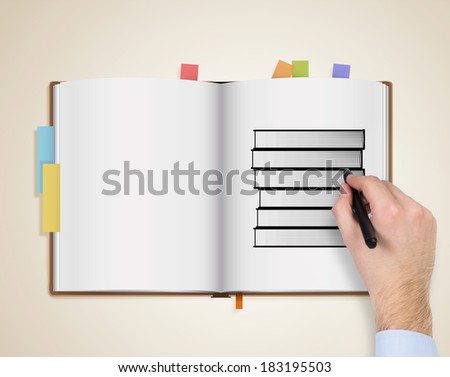 A hand drawing books in notepad