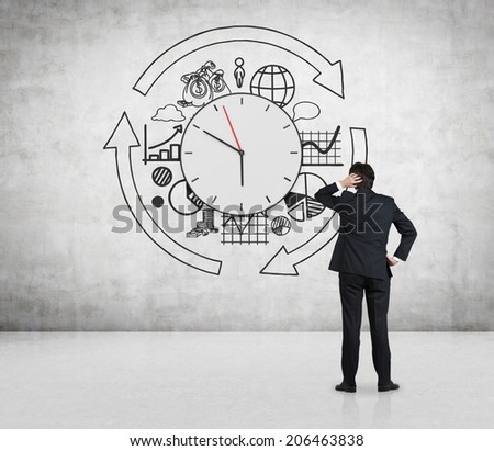 Clock and business development concept, clock arrows and different stages of business development. Businessman and the business forecast.