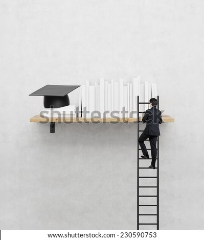 A studying climbing up to the book shelf. A concept of education process.