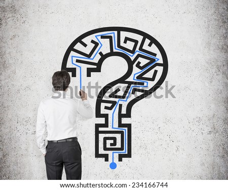 Maze in a shape of Question mark and businessman is looking for the solution.