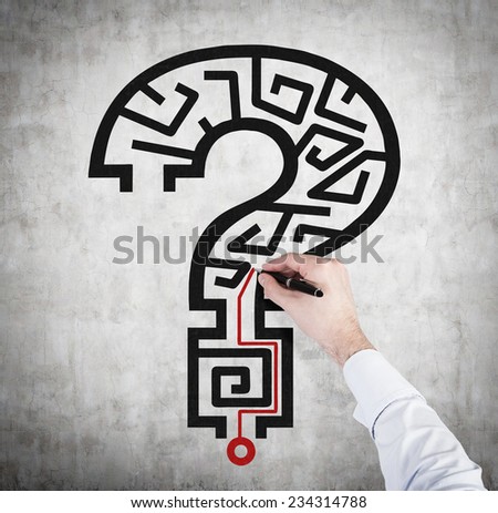 Maze in a shape of Question mark and businessman's hand is looking for the solution.