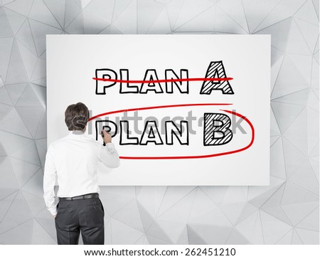 businessman drawing plan B on white poster