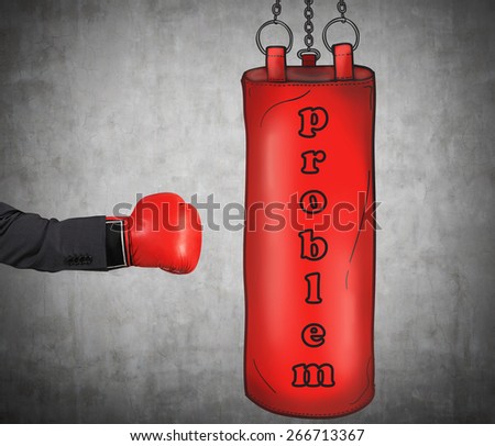 A hand in business suit is hitting the red punching bag, business problems concept