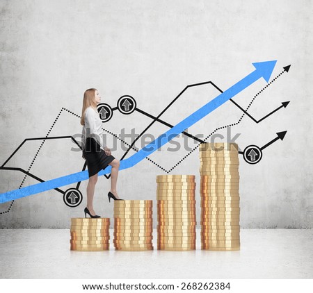 Young business woman is going up on the coin stairs. Line graph background.