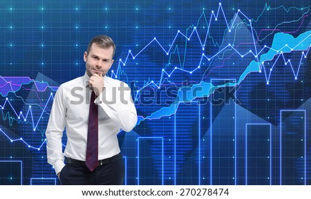 Trader is standing in front of the forex graph. A metaphor of international financial consulting. Blue background.