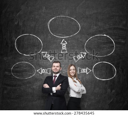 Confident business couple. A concept of the teamwork and future perspectives. A flowchart of the possible paths of business development are drawn on the background wall.