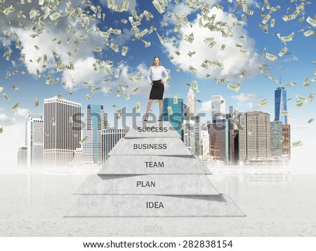 Successful business lady is on the top of the business development pyramid in the sketched New York. Dollar bills are falling down from the sky.