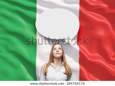 Beautiful woman and the blank speech bubble above the head. Italian flag as a background.