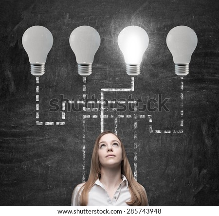 Beautiful woman is thinking about business management process. Lightbulbs as a concept of the best business idea.
