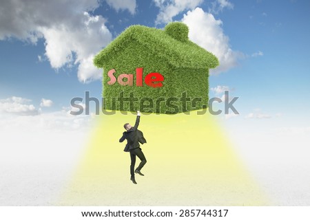 Confident real property agent just sold a house. taking off house and businessman.