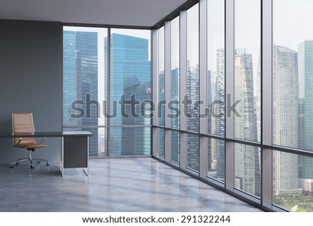 A workplace in a modern corner panoramic office in Singapore. A concept of financial consulting services. 3D interior.