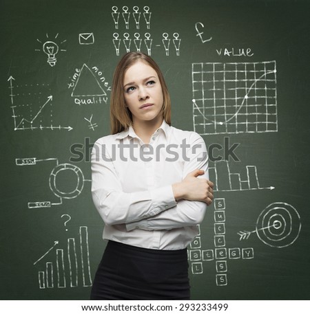 Business lady is thinking about optimisation of the business process. Graphs and flowcharts are drawn on the green chalk board.
