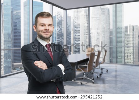 Confident consultant in a corner conference room. Modern office with huge windows and amazing Singaporean business area panoramic view.