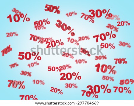 The concept of the discount and sale. collection of discount numbers 10% 20% 30% 50% 70%. Blue background.