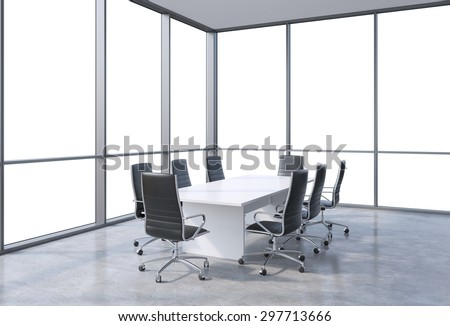 Panoramic conference room in modern office, copy space view from the windows. Black chairs and a white table. 3D rendering.