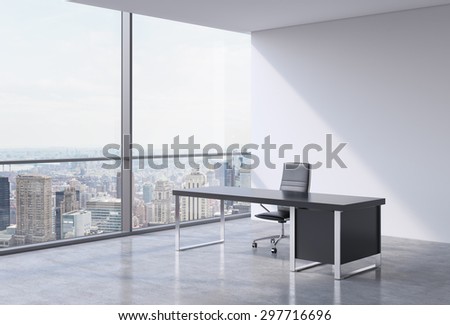 A workplace in a modern panoramic office, New York city view from the windows. A concept of financial consulting services. 3D rendering.