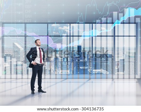 Full-length confident person in formal suit. A modern panoramic office with New York city view and forex chart. A concept of the asset management.