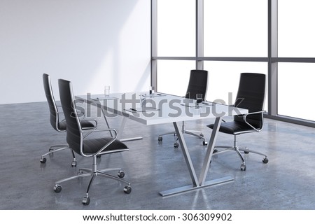 Modern meeting room with huge windows with copy space. Black leather chairs and a white table with legal pads on it. 3D rendering.