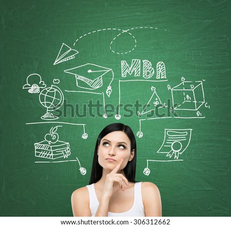 A young lady is thinking about MBA degree. Educational chart is drawn behind her. A concept of further business education. Green chalkboard as a background.