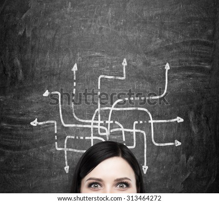 A forehead of the brunette woman who is pondering about possible solutions of the complicated problem. Many arrows with different directions are drawn around her head. Black chalkboard background.