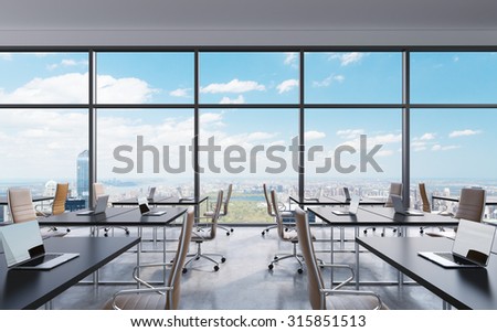 Workplaces in a modern panoramic office, New York city view from the windows. Open space. White tables and brown leather chairs. A concept of financial consulting services. 3D rendering.