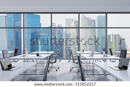 Workplaces in a modern panoramic office, Singapore city view from the windows. Open space. White tables and black leather chairs. A concept of financial consulting services. 3D rendering.