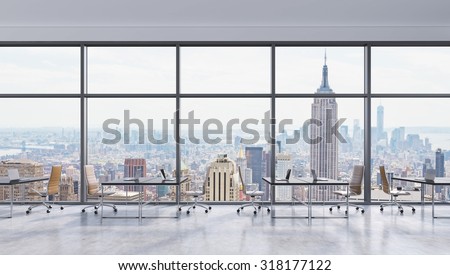 Workplaces in a modern panoramic office, New York city view in the windows, Manhattan. Open space. Black tables and brown leather chairs. A concept of financial consulting services. 3D rendering.