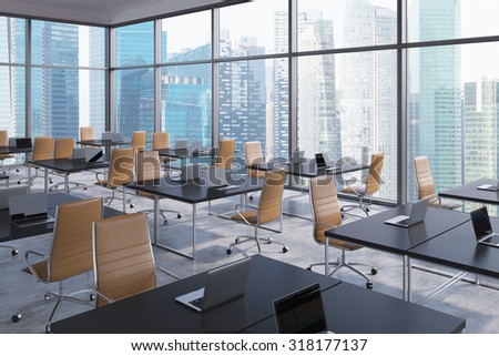 Workplaces in a modern corner panoramic office, Singapore business city view. Open space. Black tables and brown leather chairs. A concept of financial international services. 3D rendering.