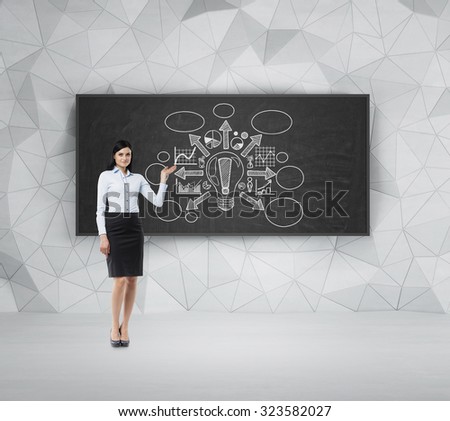 Full length brunette girl in a formal clothes is pointing out the black chalkboard with drawn brainstorm scheme. Light bulb, graphs and arrows are drawn on it.